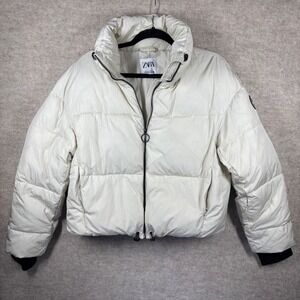 Zara Quilted Puffer Jacket Cream White Cropped Stand Collar Womens XS